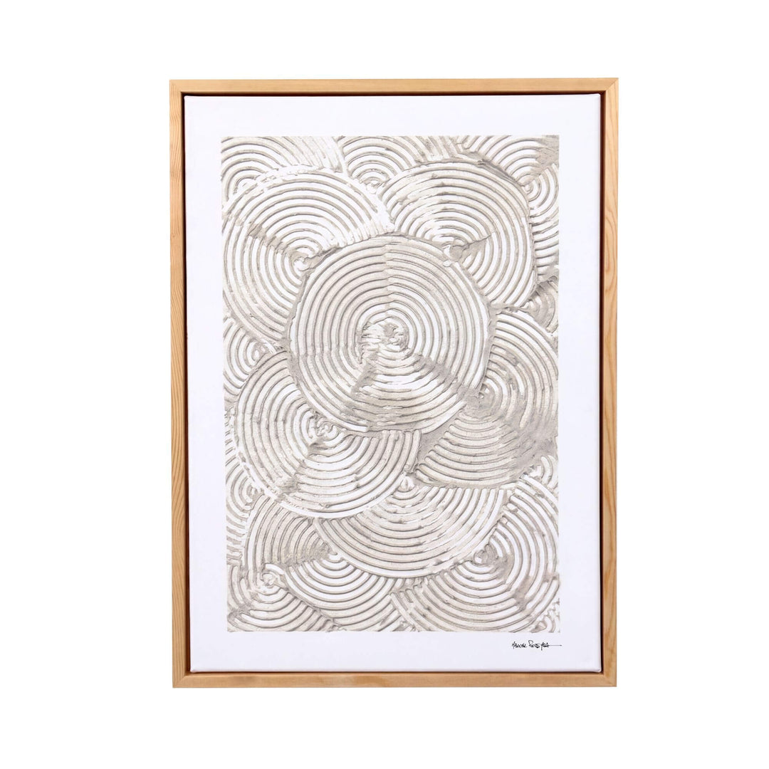Front view of the Eternal Circles original painting by Manuel Pereyra with overlapping concentric relief patterns in ivory tones