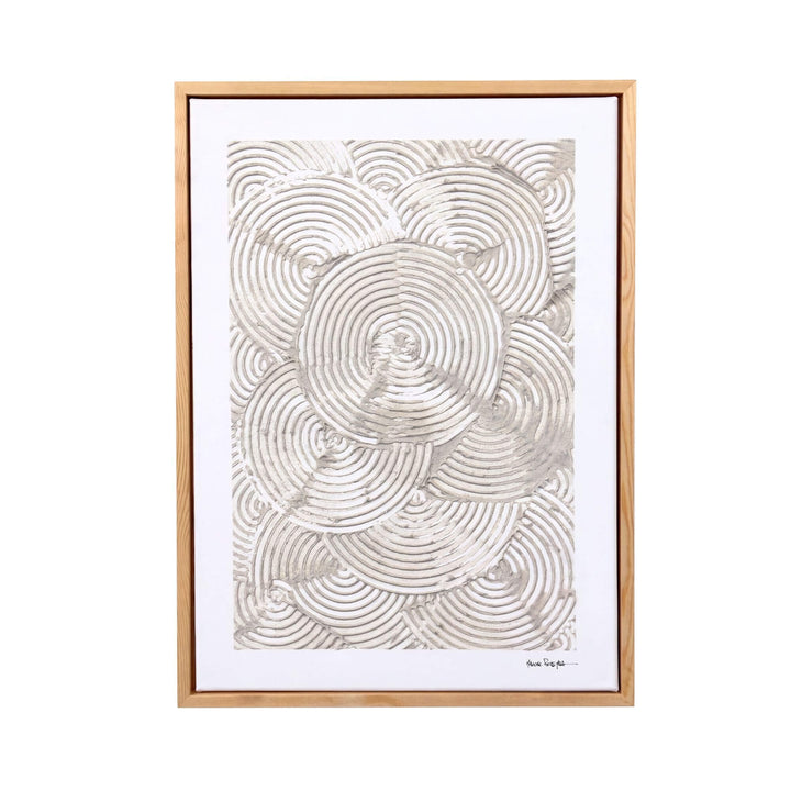 Front view of the Eternal Circles original painting by Manuel Pereyra with overlapping concentric relief patterns in ivory tones