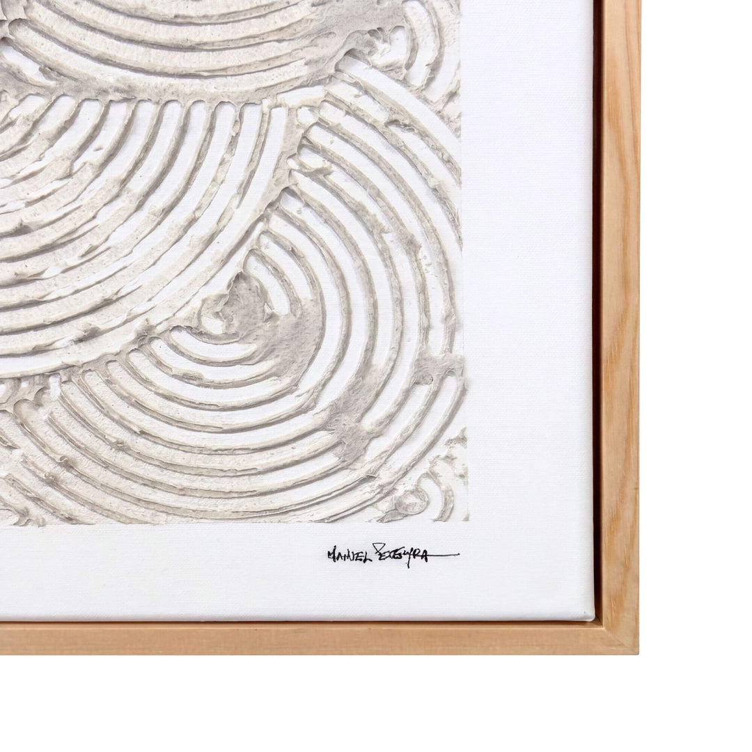 Close-up of the Eternal Circles artwork showing its layered circular mixed-media texture and artist signature