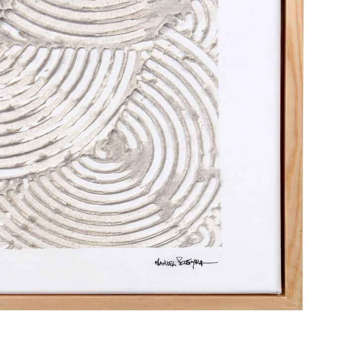 Close-up of the Eternal Circles artwork showing its layered circular mixed-media texture and artist signature