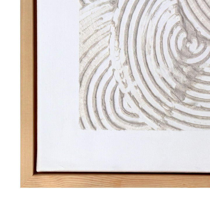Close-up of the Eternal Circles painting highlighting the sculptural concentric lines and natural wood frame