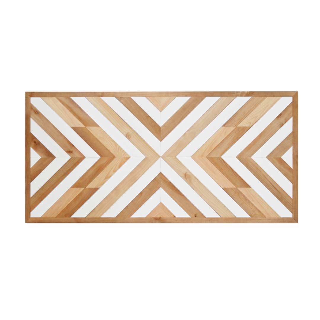 Front view of Ethnic Headboard showcasing the geometric wood pattern in natural pine tones.