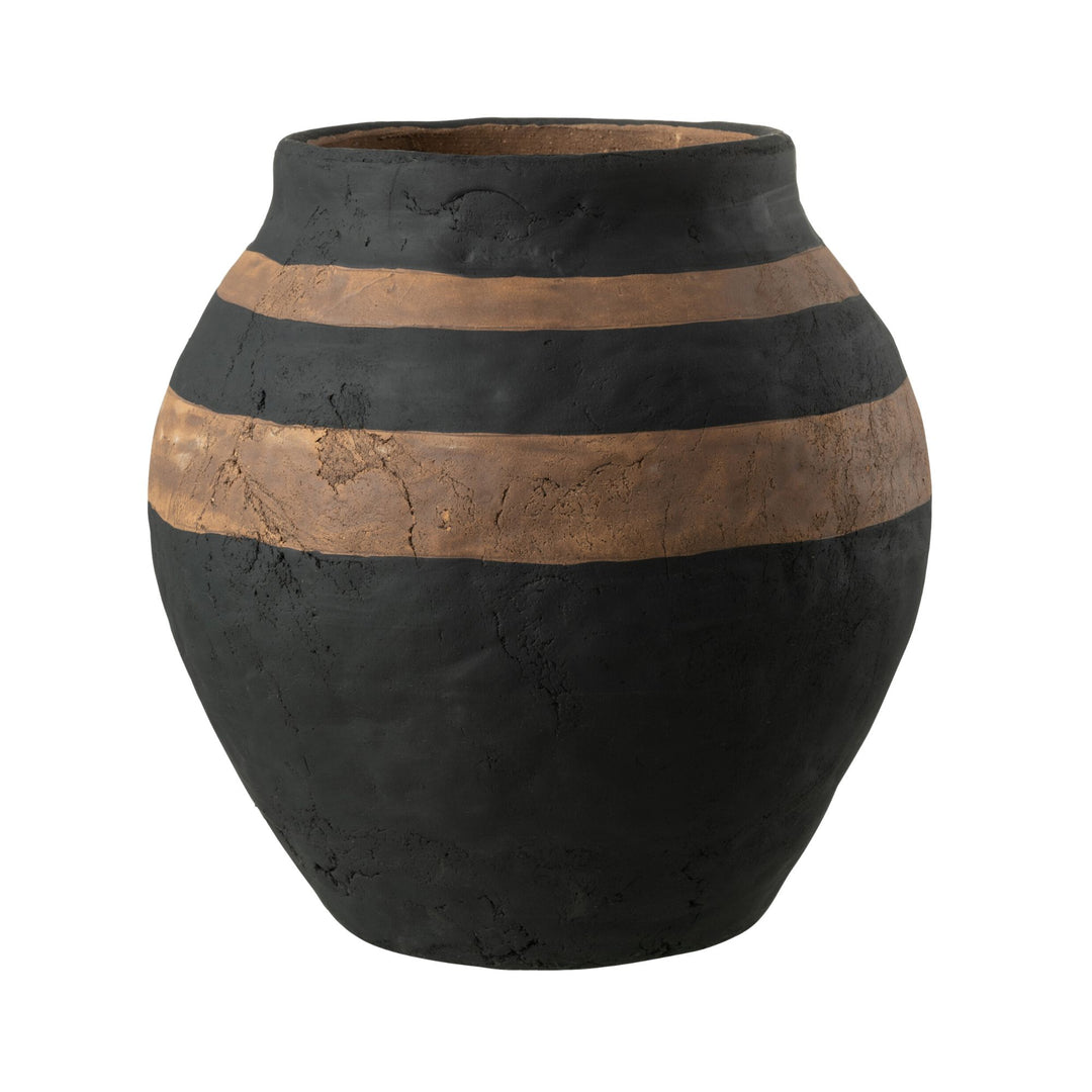 Side view highlighting the rounded shape and hand-painted stripe pattern of the pot.