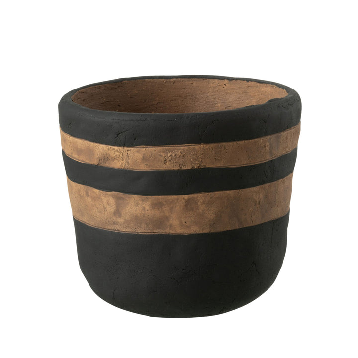 Front view of the Ethnic Stripes black terracotta pot with contrasting natural clay bands.