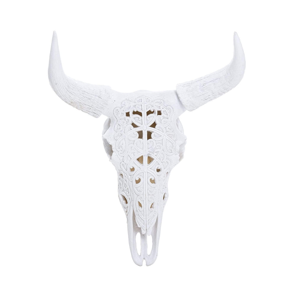 White polyresin bull head wall decor "S" with intricate ethnic carvings.