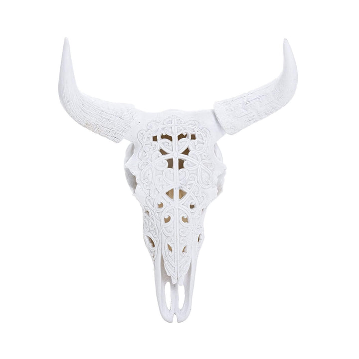 White polyresin bull head wall decor "S" with intricate ethnic carvings.
