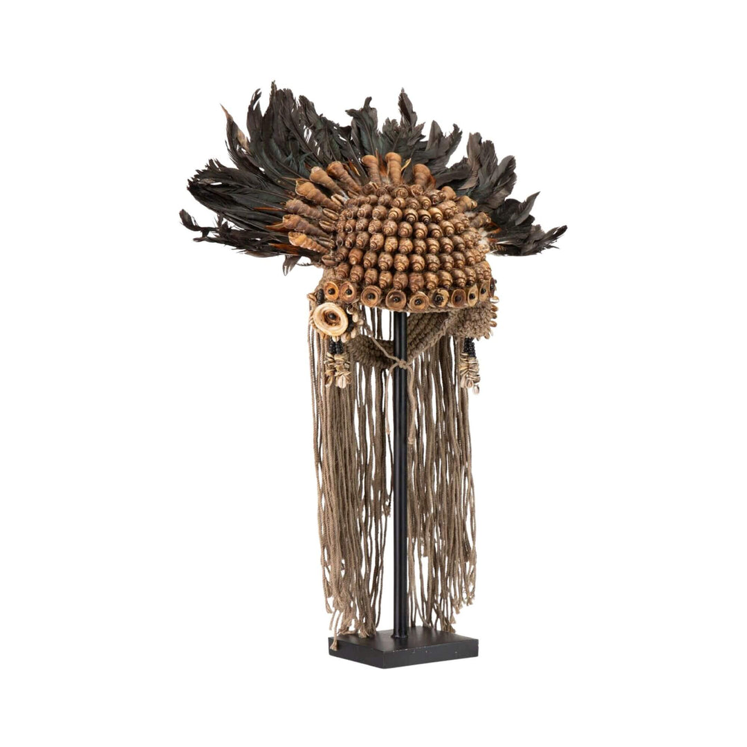 Ethnic necklace stand with natural shells and feathers on metal base