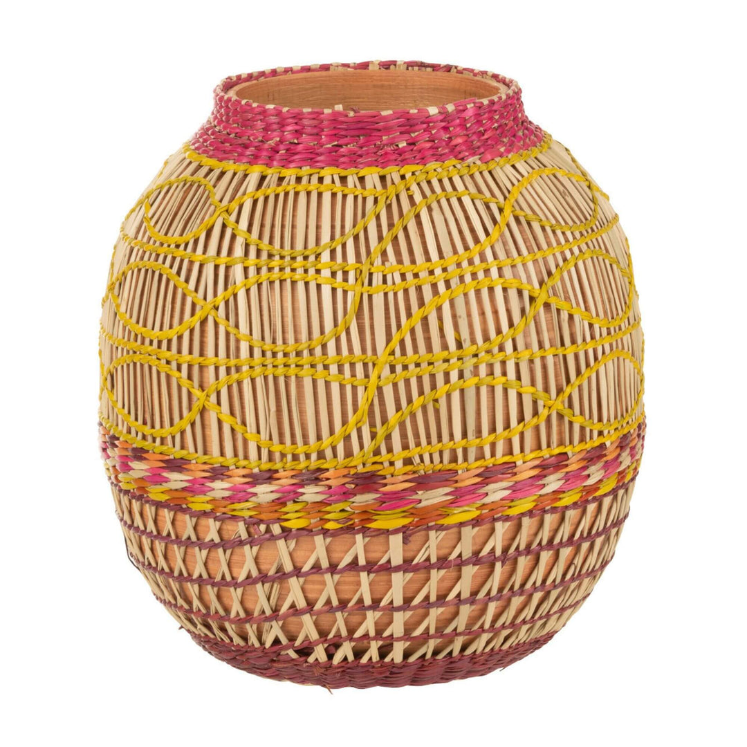 Front view of Ethnic Pop Vase in rattan and bamboo with pink and yellow patterns.