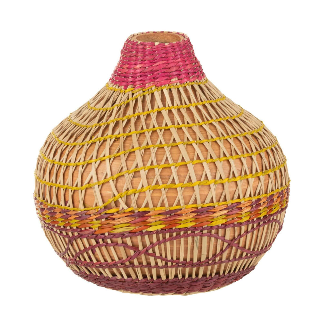Front view of Ethnic Pop Vase small size with tapered neck and colorful weave.