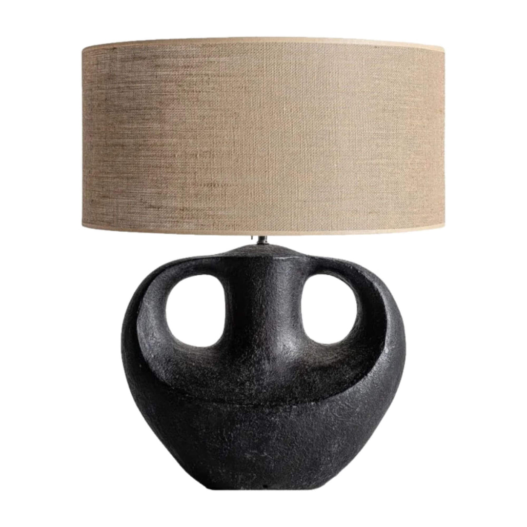 ET Table Lamp with sculptural black terracotta base and natural jute shade.