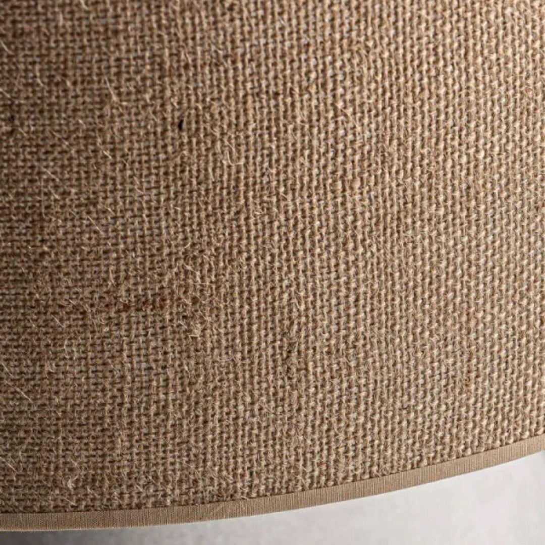 Close-up of ET Lamp showing textured  woven jute lampshade.

