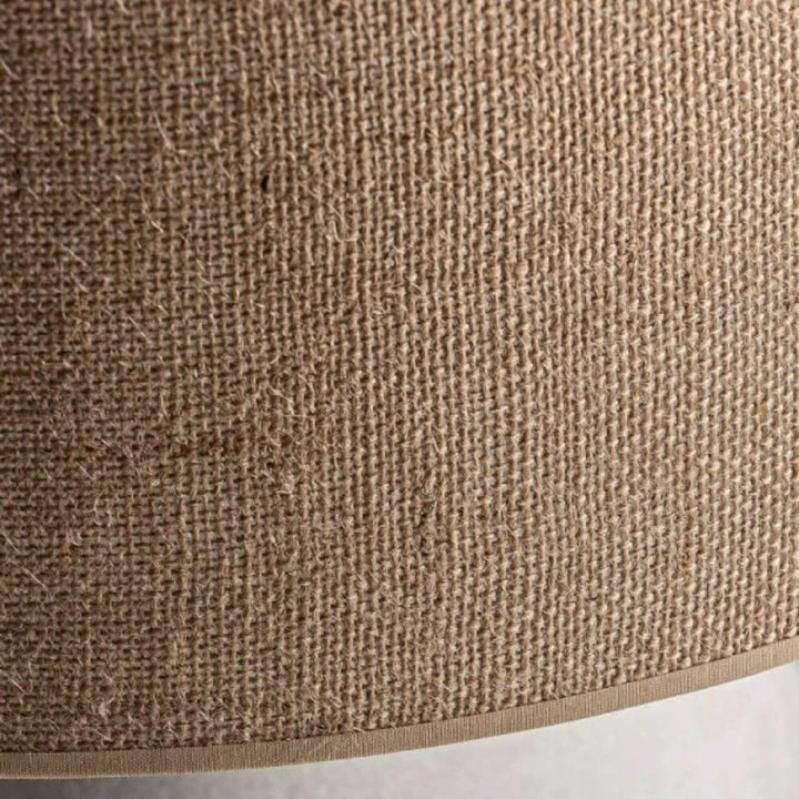 Close-up of ET Lamp showing textured  woven jute lampshade.

