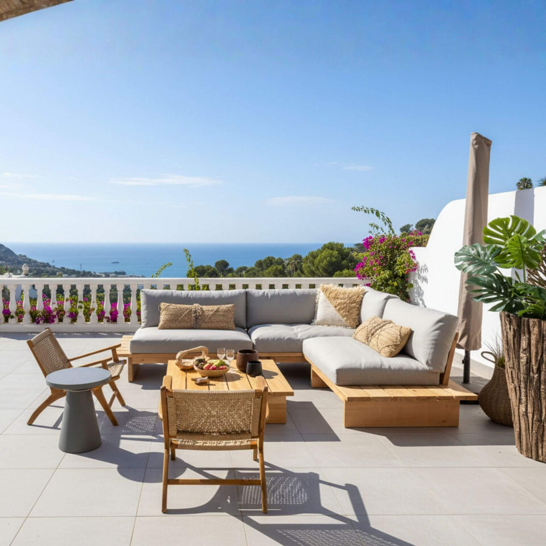 Eucalipto Outdoor Sofa Set placed on a sunny terrace with eucalyptus wood frame and light cushions.