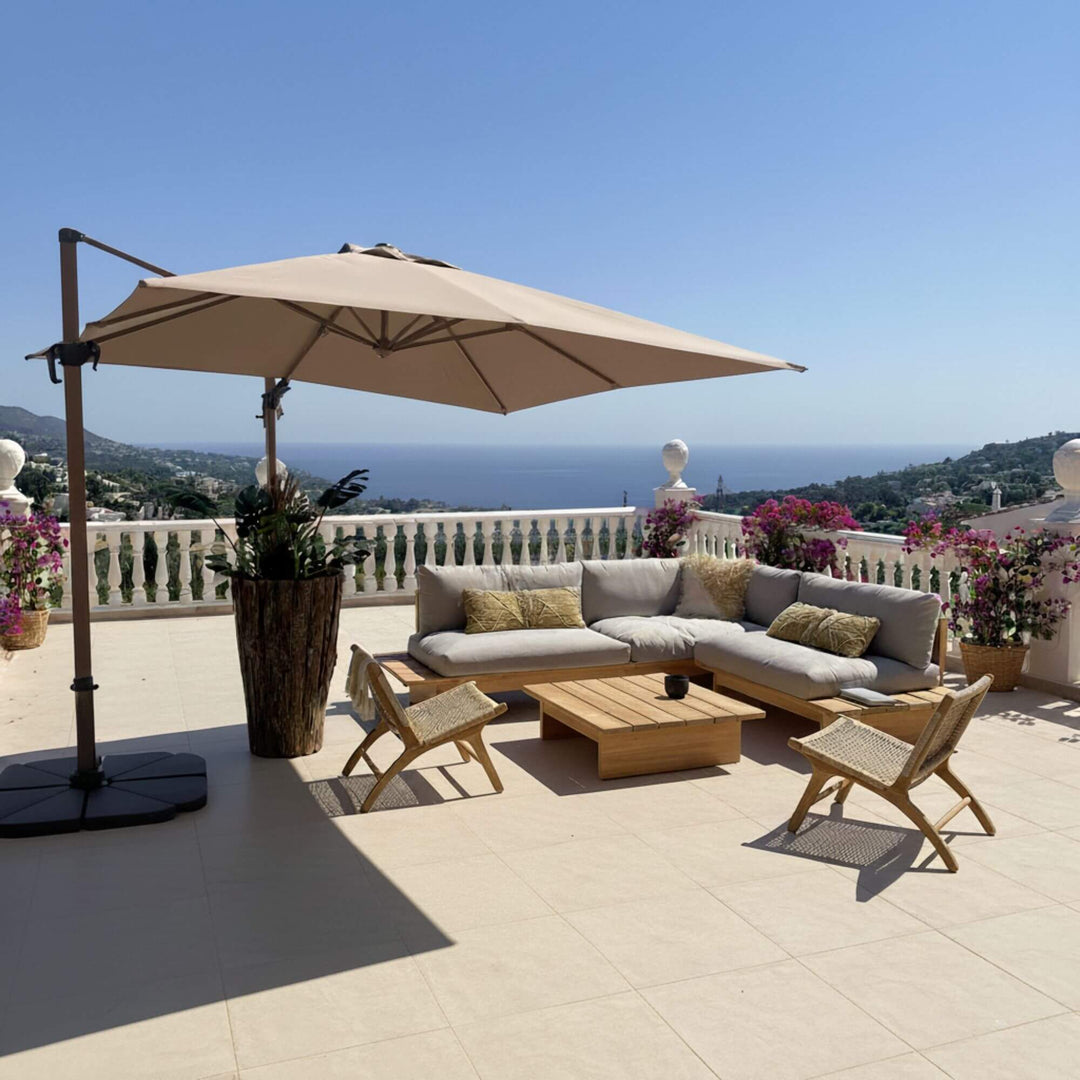 Outdoor living space featuring the Eucalipto Sofa Set with matching coffee table.