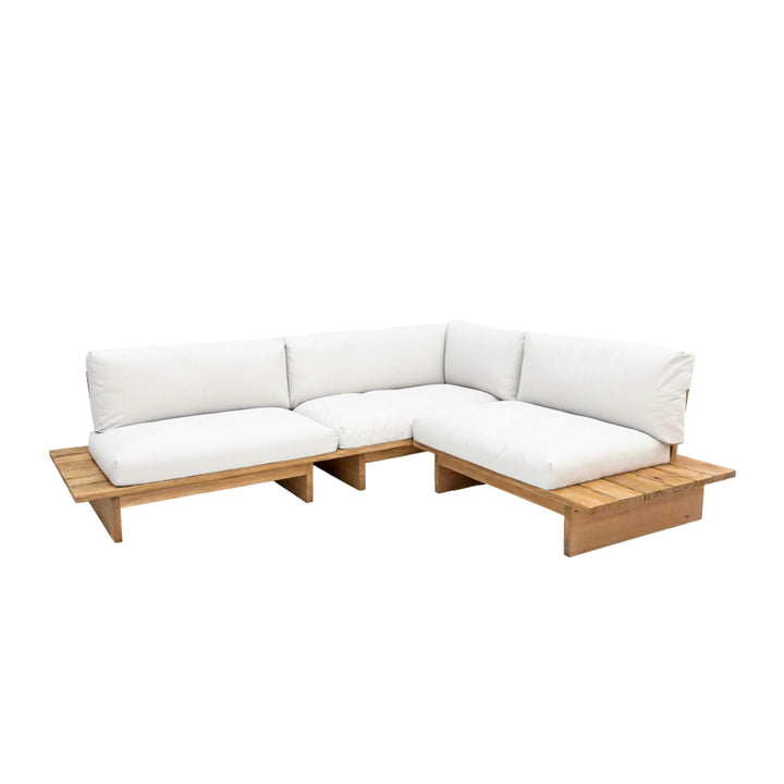 Corner layout of the Eucalipto Outdoor Sofa showing its modular wooden structure.