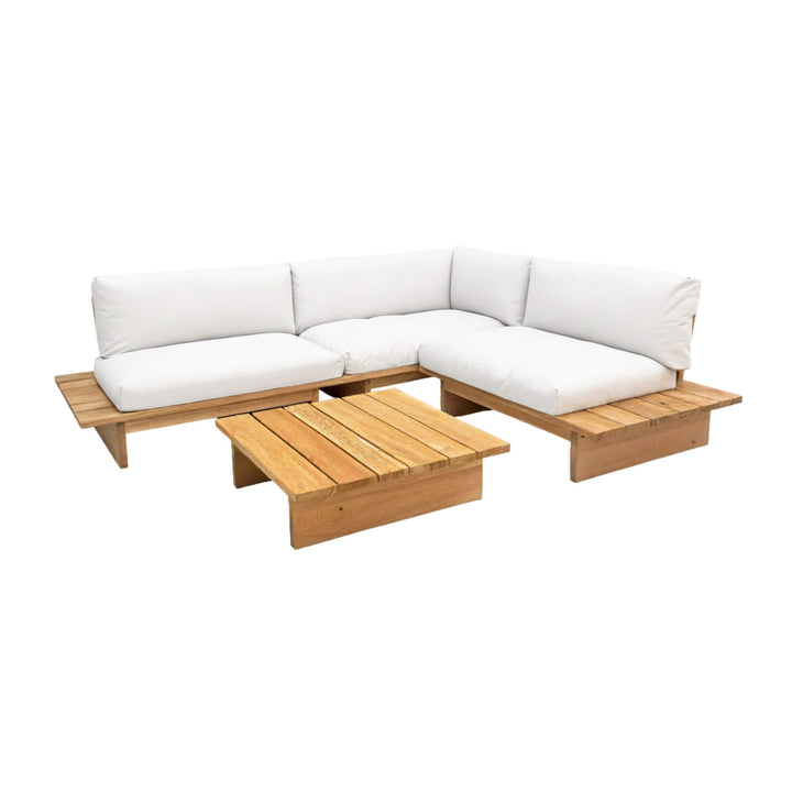 Corner layout of the Eucalipto Outdoor Sofa showing its modular wooden structure.