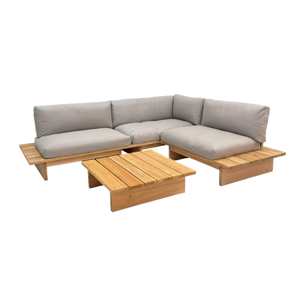 Corner layout of the Eucalipto Outdoor Sofa showing its modular wooden structure.