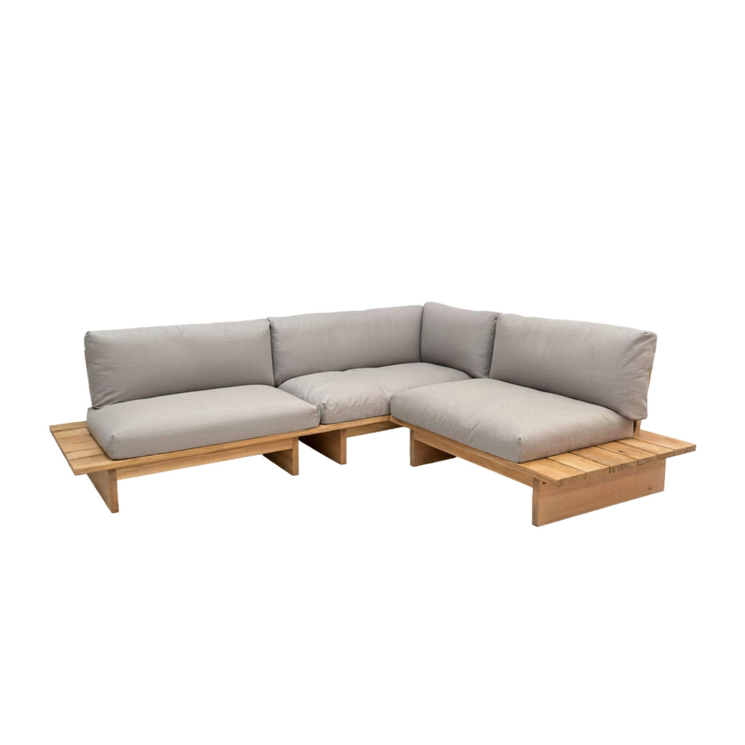 Corner layout of the Eucalipto Outdoor Sofa showing its modular wooden structure.