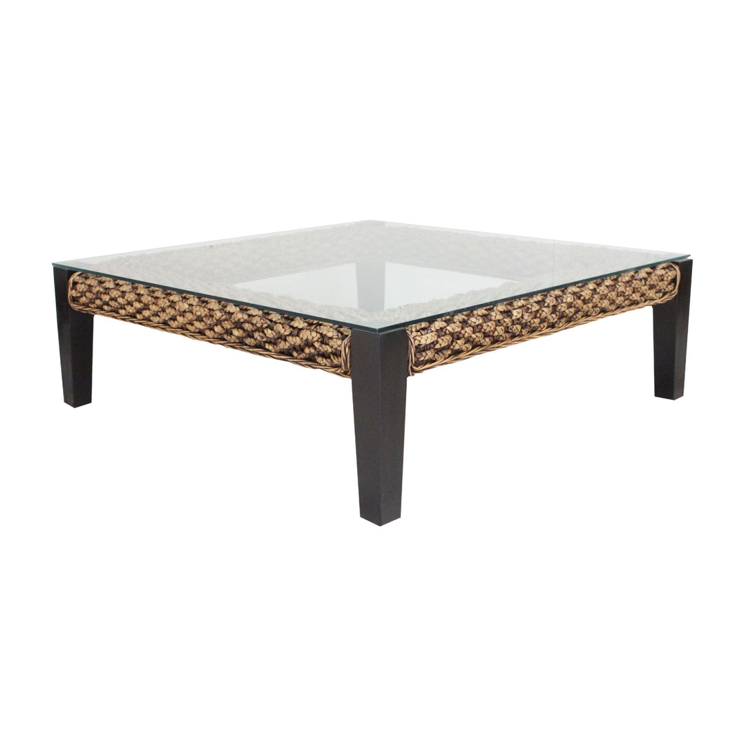 FAKARAVA WATER HYACINTH COFFEE TABLE with wicker side and glass top on a white background