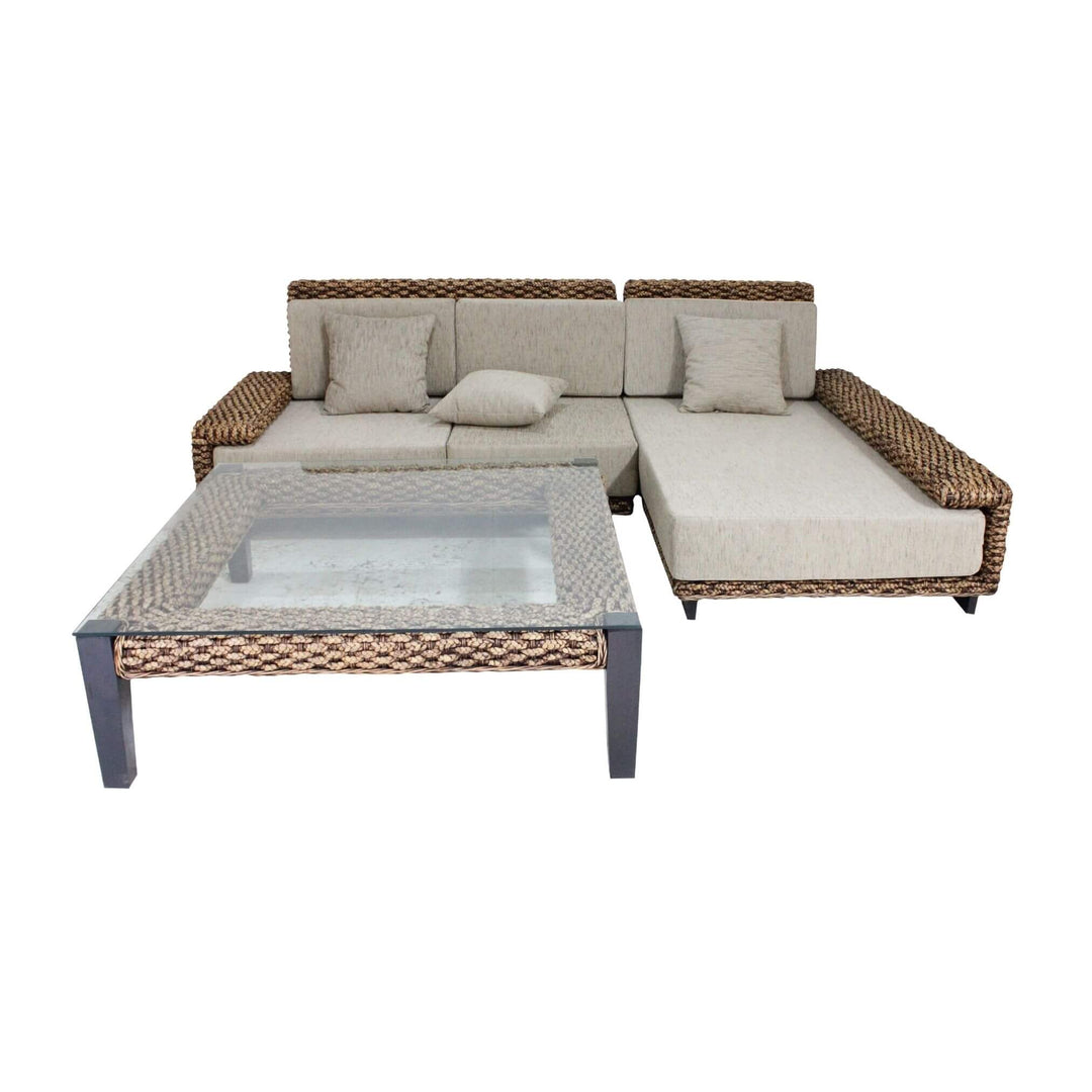 Front view of Fakarava water hyacinth modular sofa with cushions (coffee table not included)