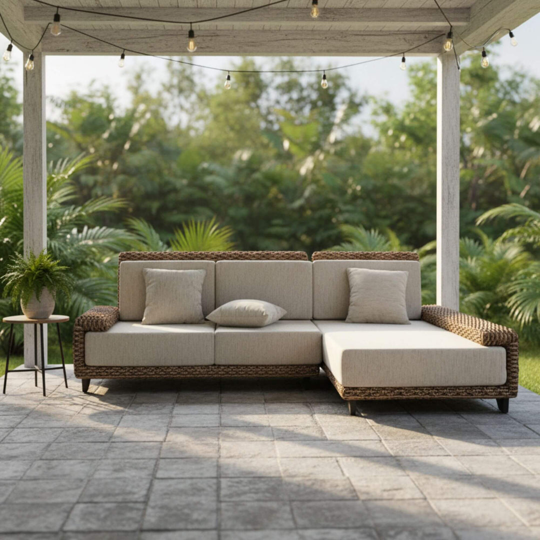 Outdoor setting of Fakarava water hyacinth sofa