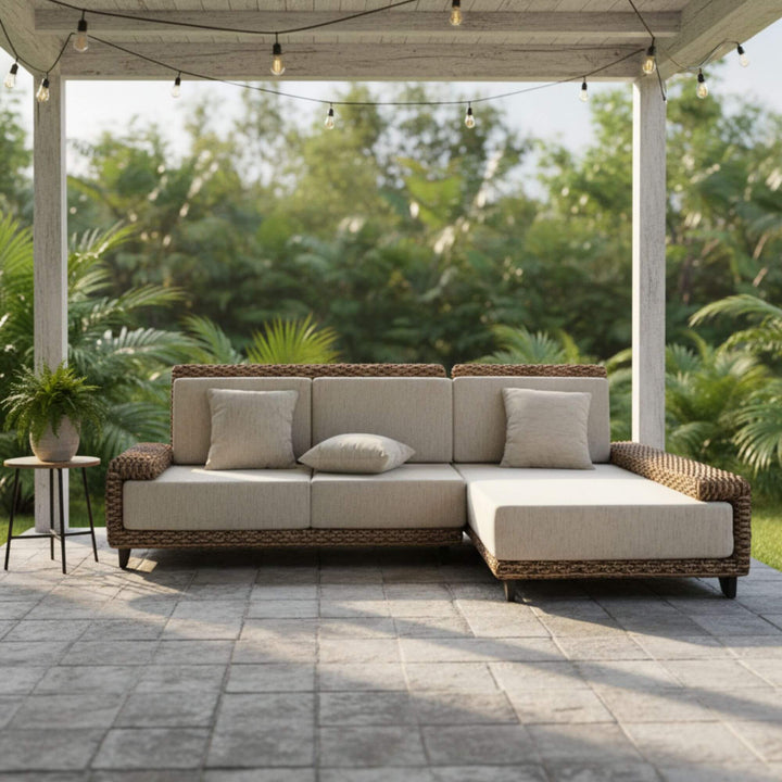 Outdoor setting of Fakarava water hyacinth sofa