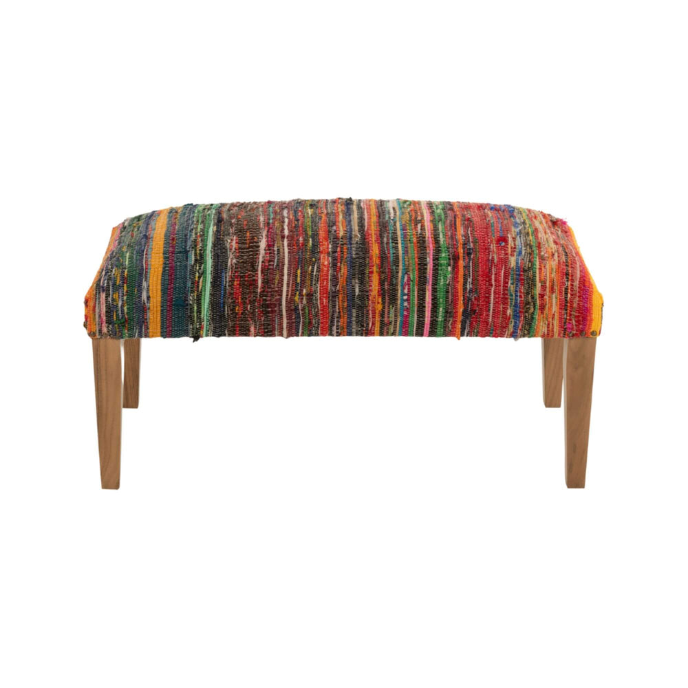 Front view of Farsha chindi bench with multicolor fabric