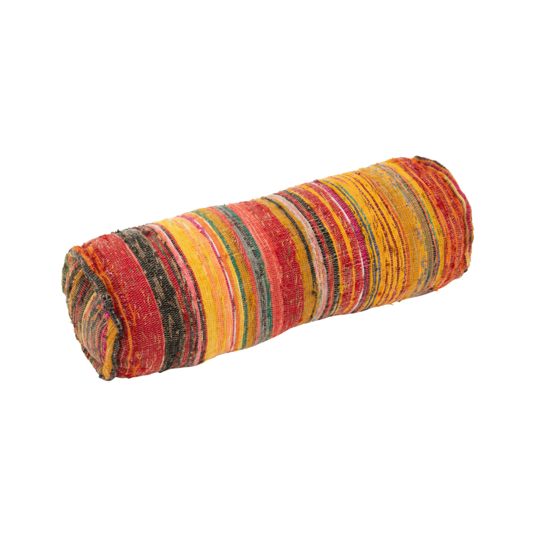 Cylindrical Farsha chindi bolster cushion in multicolour stripes