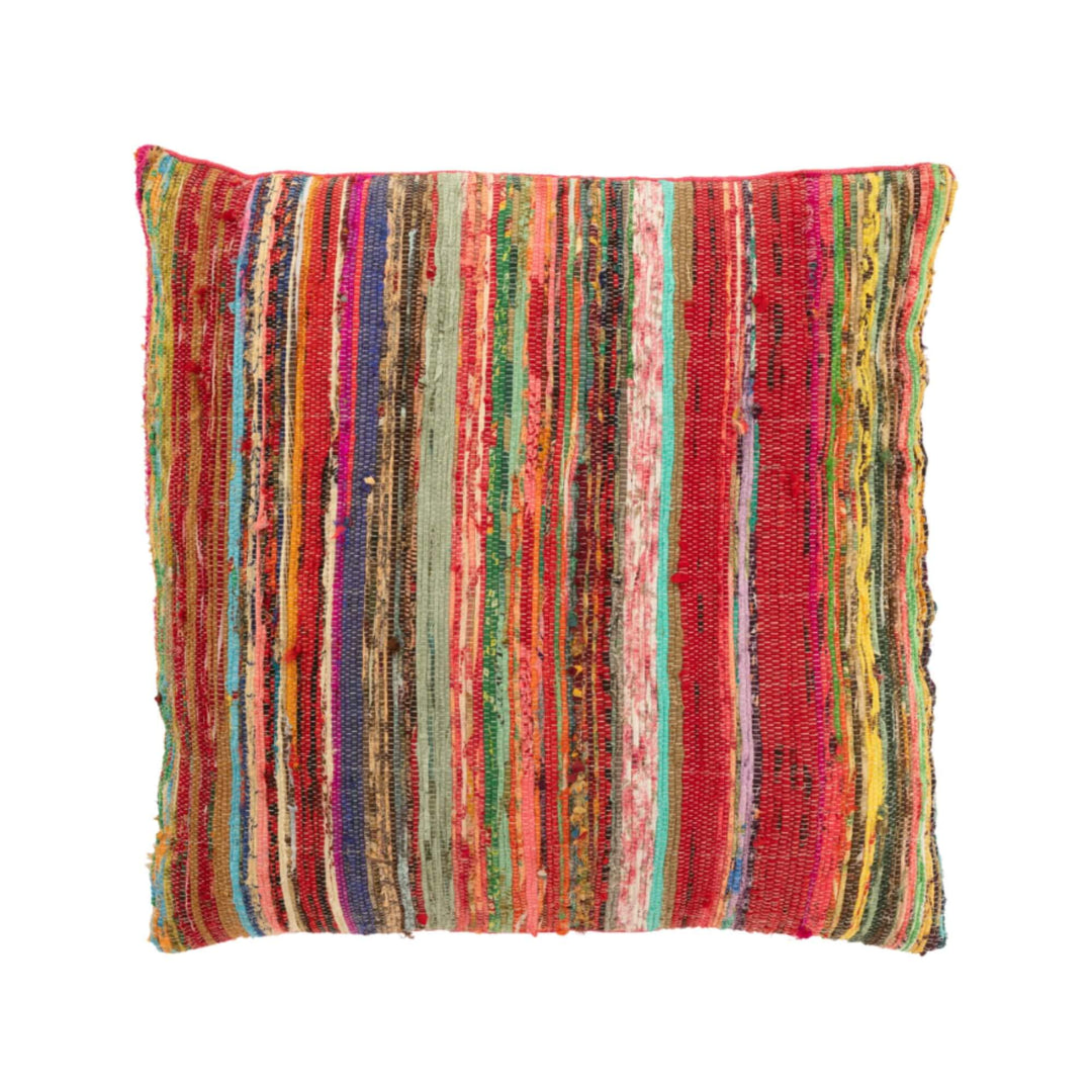 Square chindi cushion with multicolour striped woven fabric