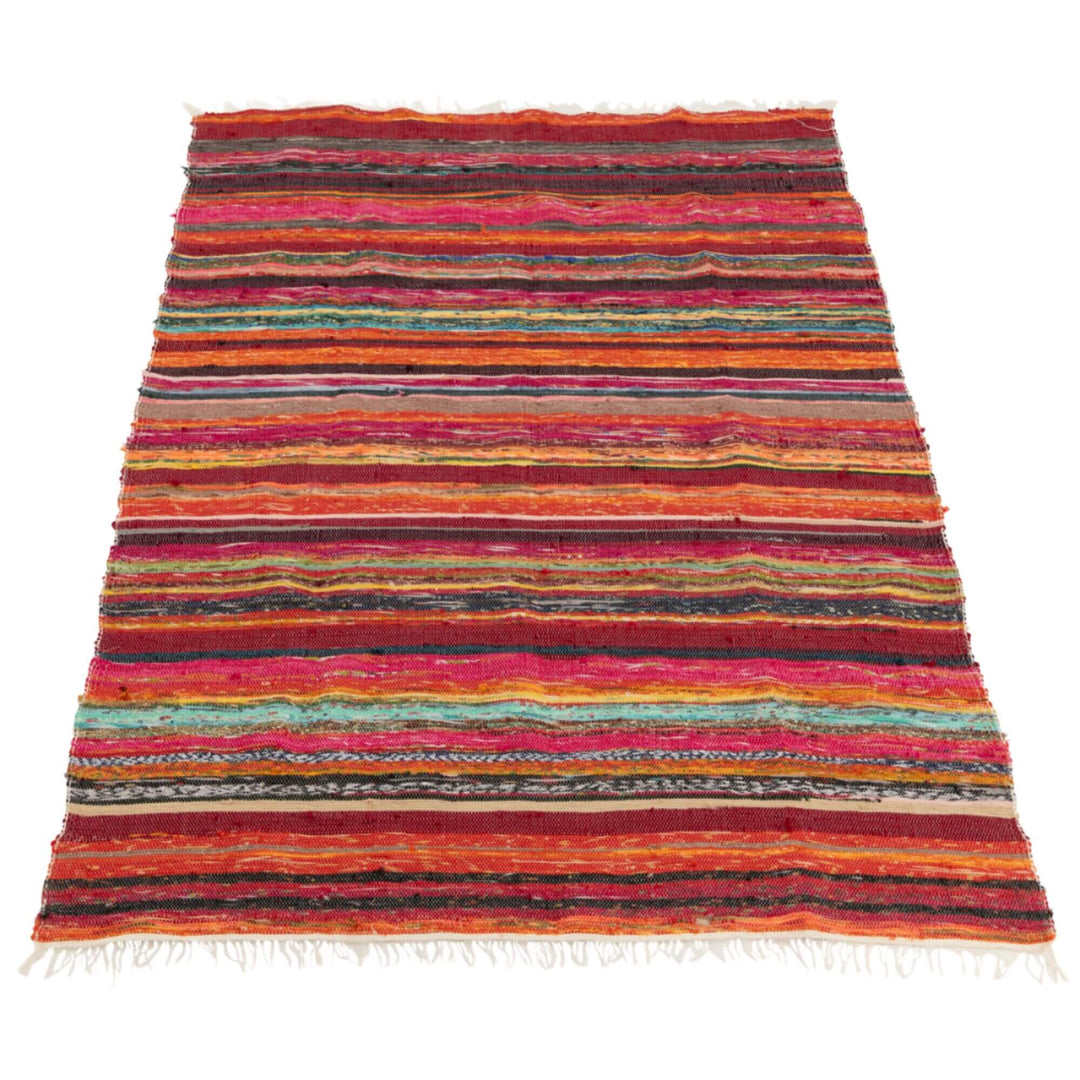 Full flat view of multicolor Farsha chindi plaid with horizontal stripes and fringed edges