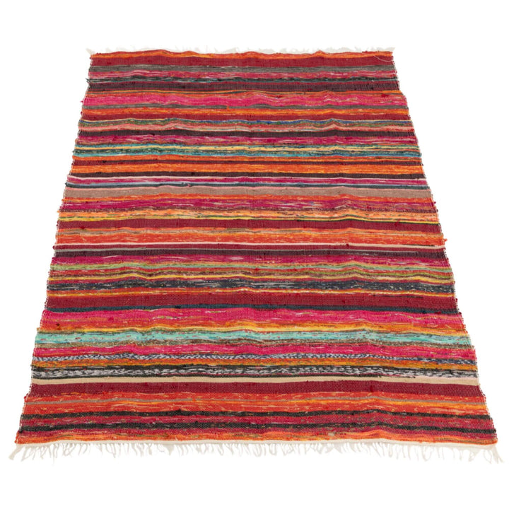 Full flat view of multicolor Farsha chindi plaid with horizontal stripes and fringed edges