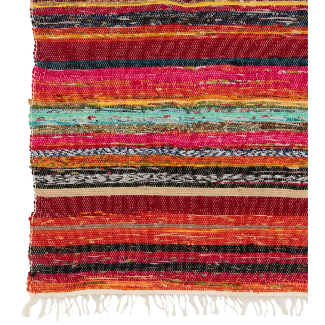 Close-up view of chindi plaid corner showing multicolor striped weave and fringe detail