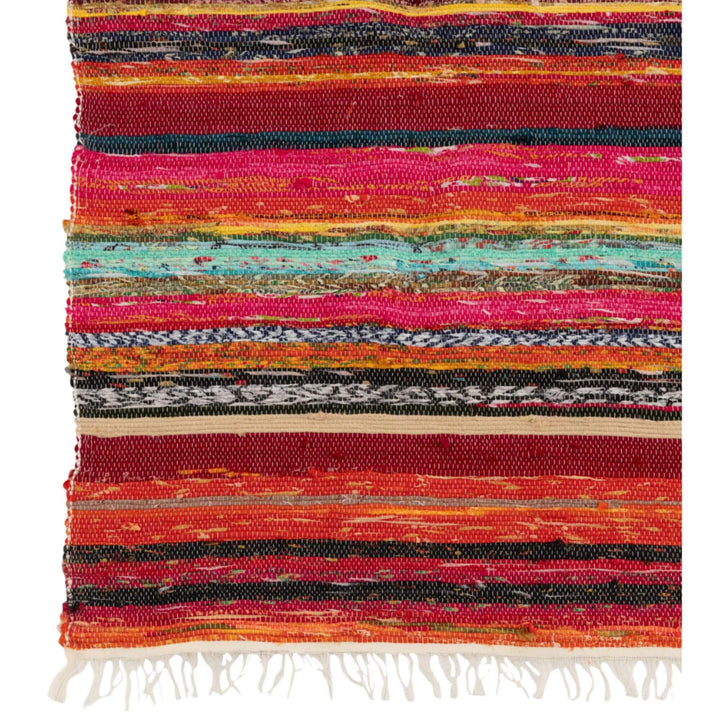 Close-up view of chindi plaid corner showing multicolor striped weave and fringe detail