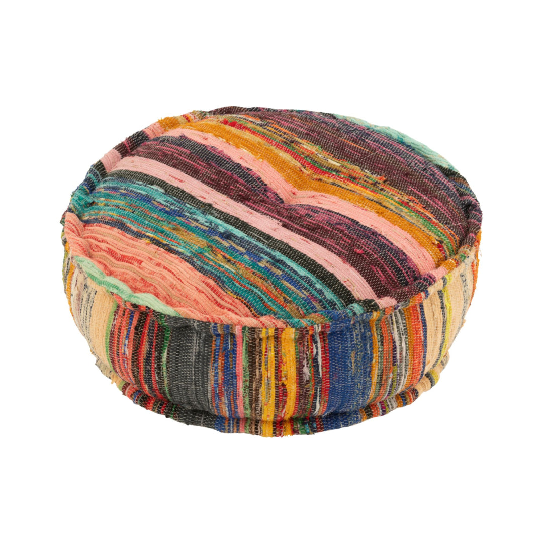 Front view of round chindi pouf highlighting horizontal stripe pattern