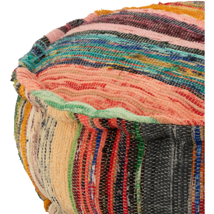 Angled studio view of multicolor round chindi pouf on white background