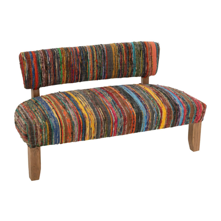 Angled view of the Farsha Chindi Sofa showing its vibrant striped upholstery.