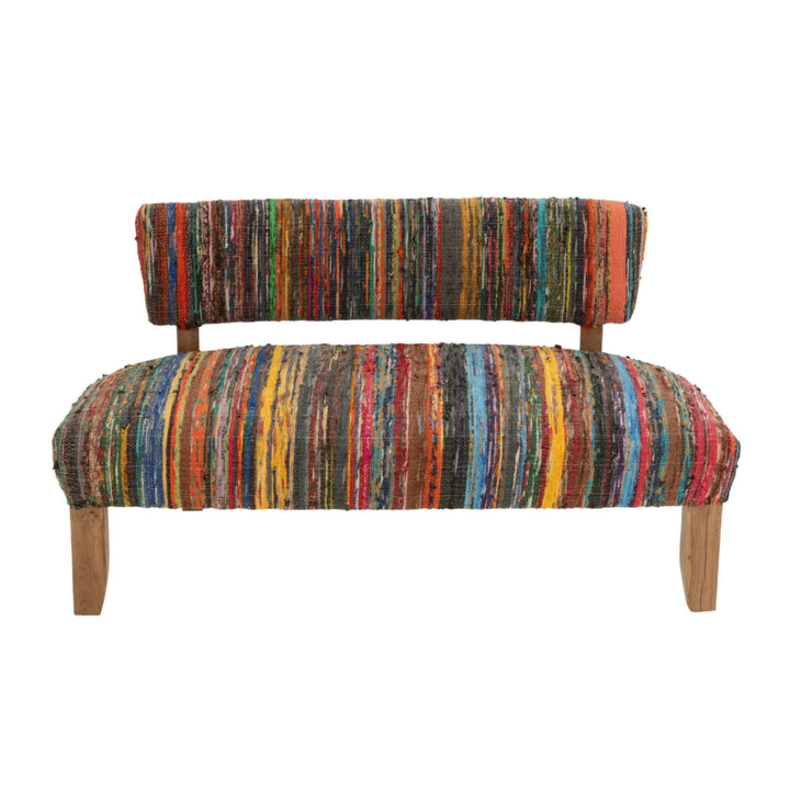 Side profile of the multicolored chindi fabric Farsha Sofa.