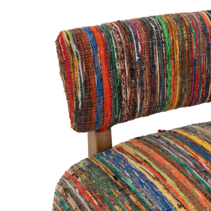 Detail shot of the bright recycled chindi fabric with colorful threads.