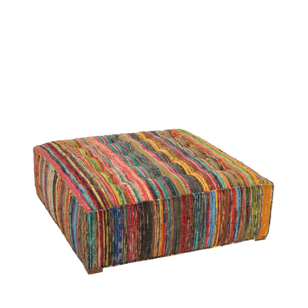 Three-quarter angled view of large multicolor chindi square pouf