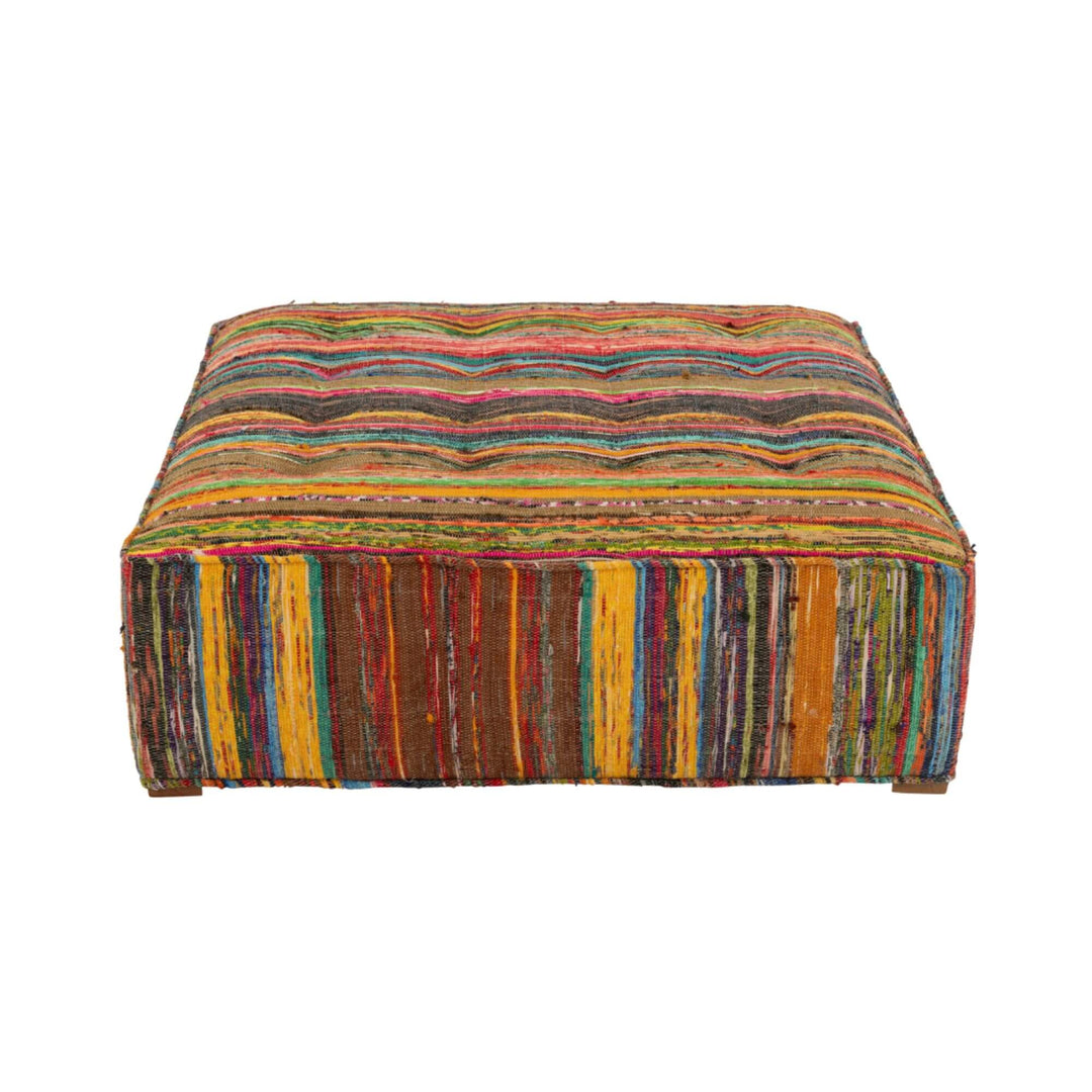 Centered front view of square chindi pouf highlighting horizontal stripe pattern