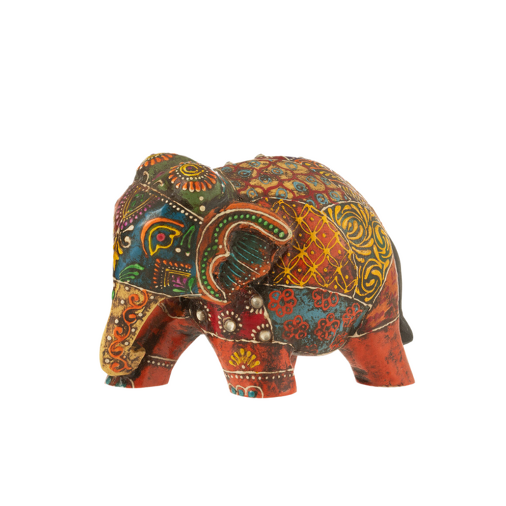 Hand-painted wooden elephant figure with intricate multicolor patterns on white background.