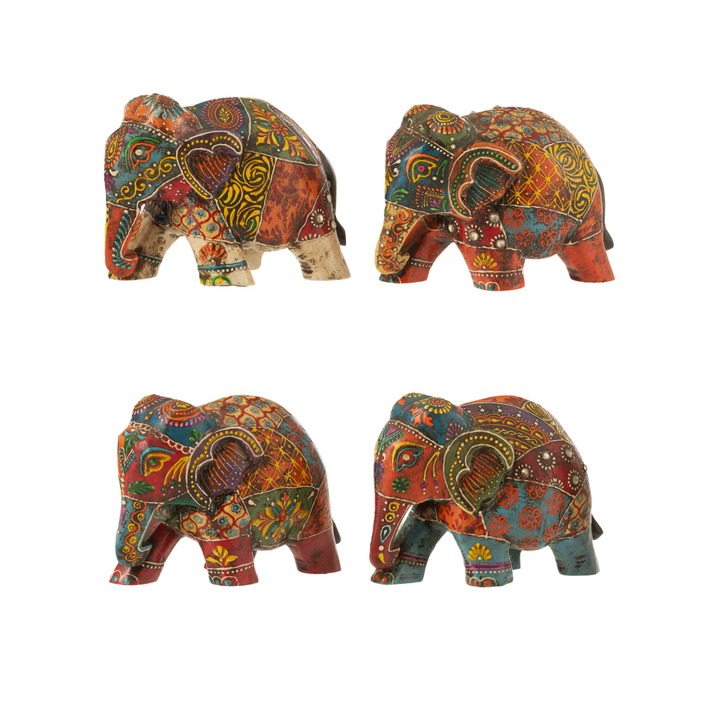 Collection of handcrafted wooden elephant figures shown from multiple angles on white background.