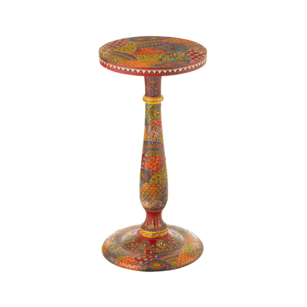Full front view of Farsha side table with tapered pedestal base and vibrant painted design