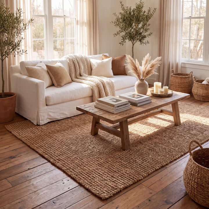 Fati jute rug styled beneath a coffee table in a warm neutral living room