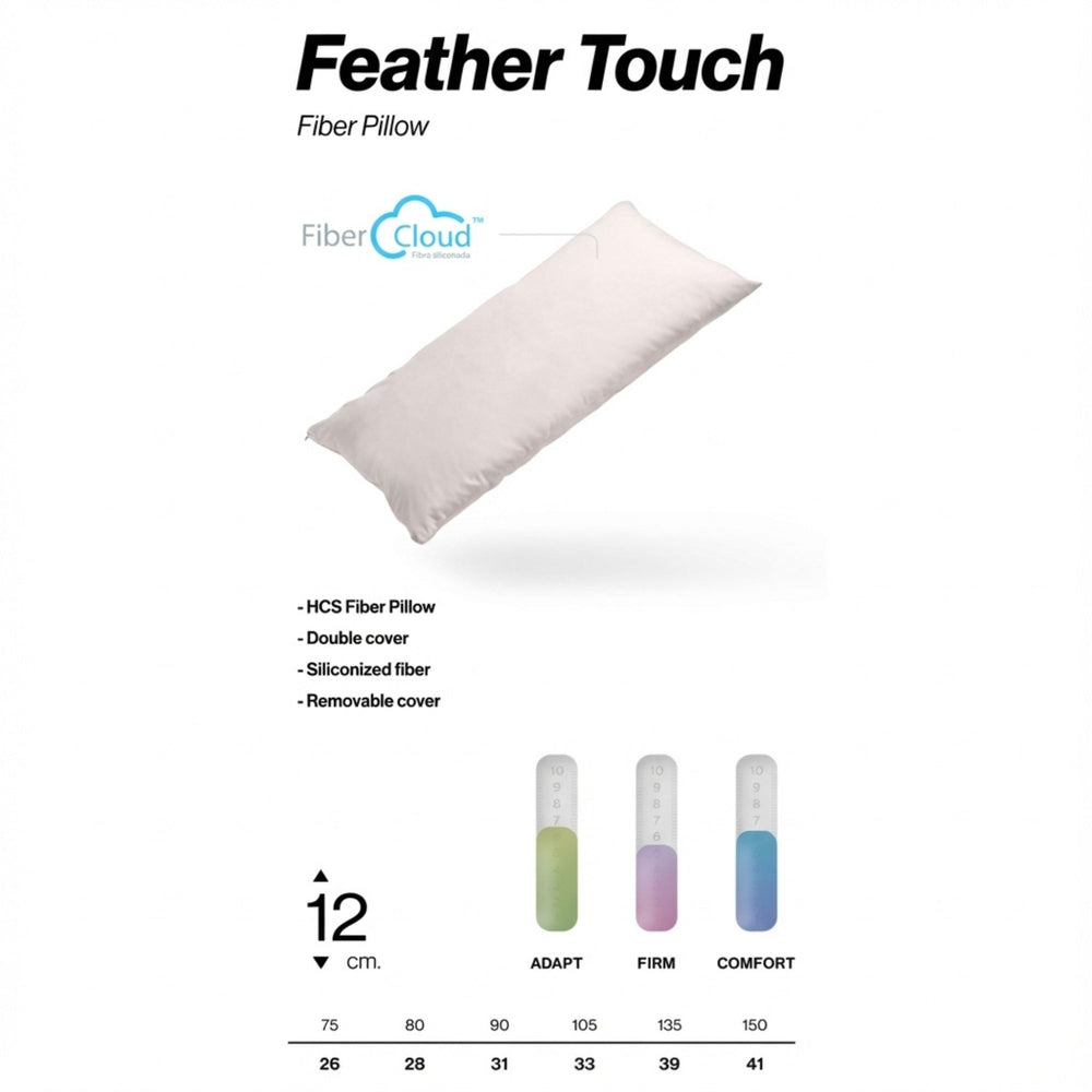 Technical sheet of the Feather Touch Pillow highlighting siliconized fiber filling and double cover.