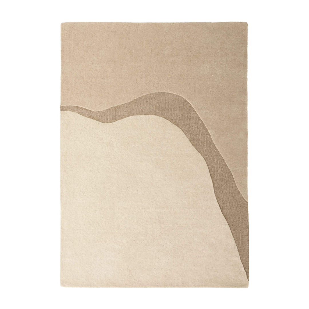 Front view of the Linen Figari wool rug with soft flowing design in neutral tones.