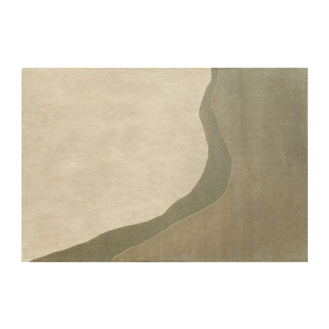 Front view of the Khaki Figari wool rug with soft flowing design in neutral tones.