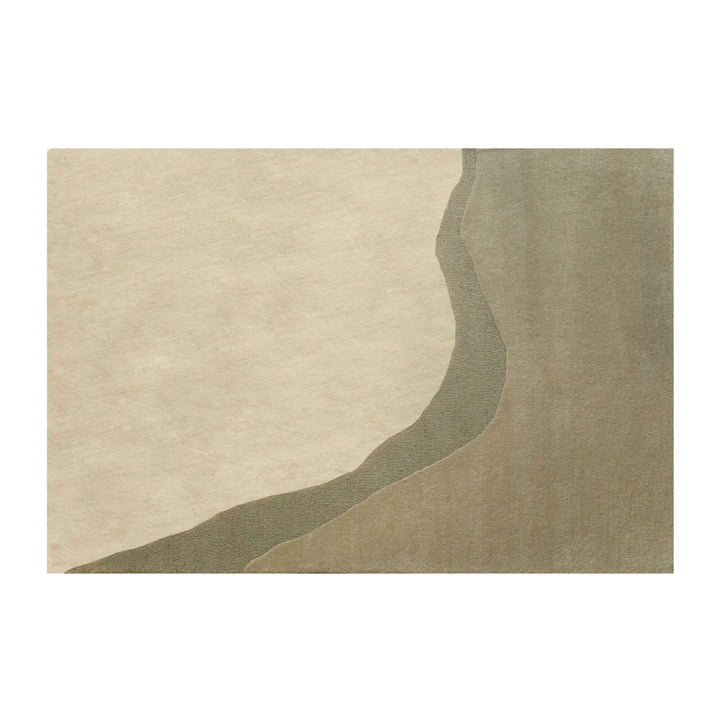 Front view of the Khaki Figari wool rug with soft flowing design in neutral tones.