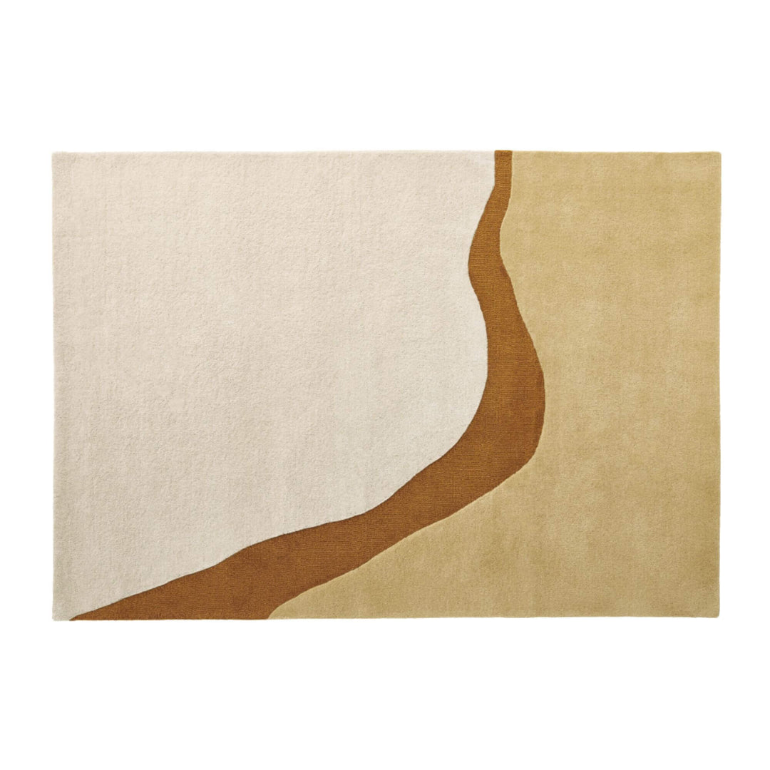 Front view of the Gold Figari wool rug with soft flowing design in neutral tones.