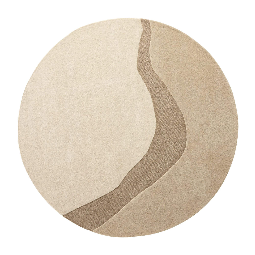 Front view of the Linen Figari wool rug with soft flowing design in neutral tones.